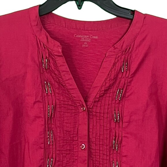 Coldwater Creek Burgundy Tunic Top Bead Accent Pintuck V-Neck Tab Sleeve Size 2X - Picture 2 of 7